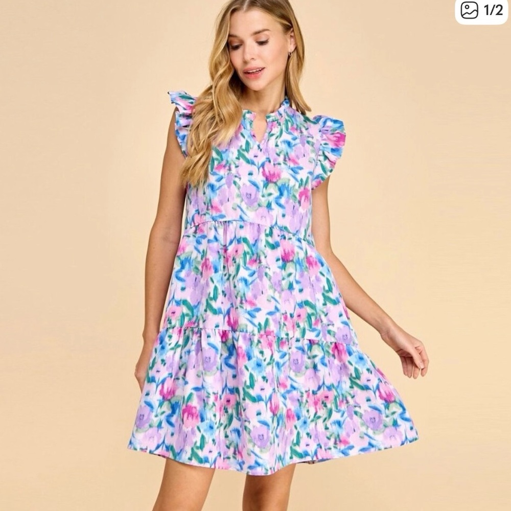 Les Amis Jodifl Short Ruffled Sleeves Floral Printed Dress Orchid